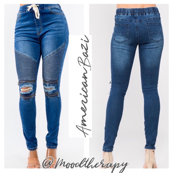 (S) AMERICAN BAZI Moto Style Distressed Denim Joggers with Zipper Knee Detailing - Picture 2 of 11